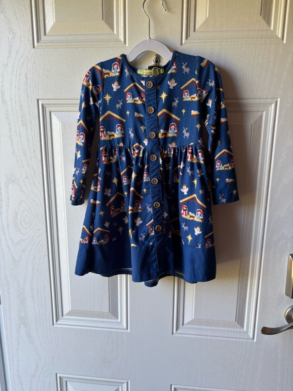 Girls Navy Blue Button-Front Casual Dress with Nativity Print